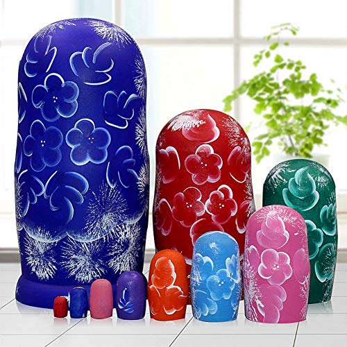 Moonmo 10Pcs Blue Loving Heart Shaped Handmade Wooden Russian Nesting Dolls Matryoshka Wooden Toys #TOP1