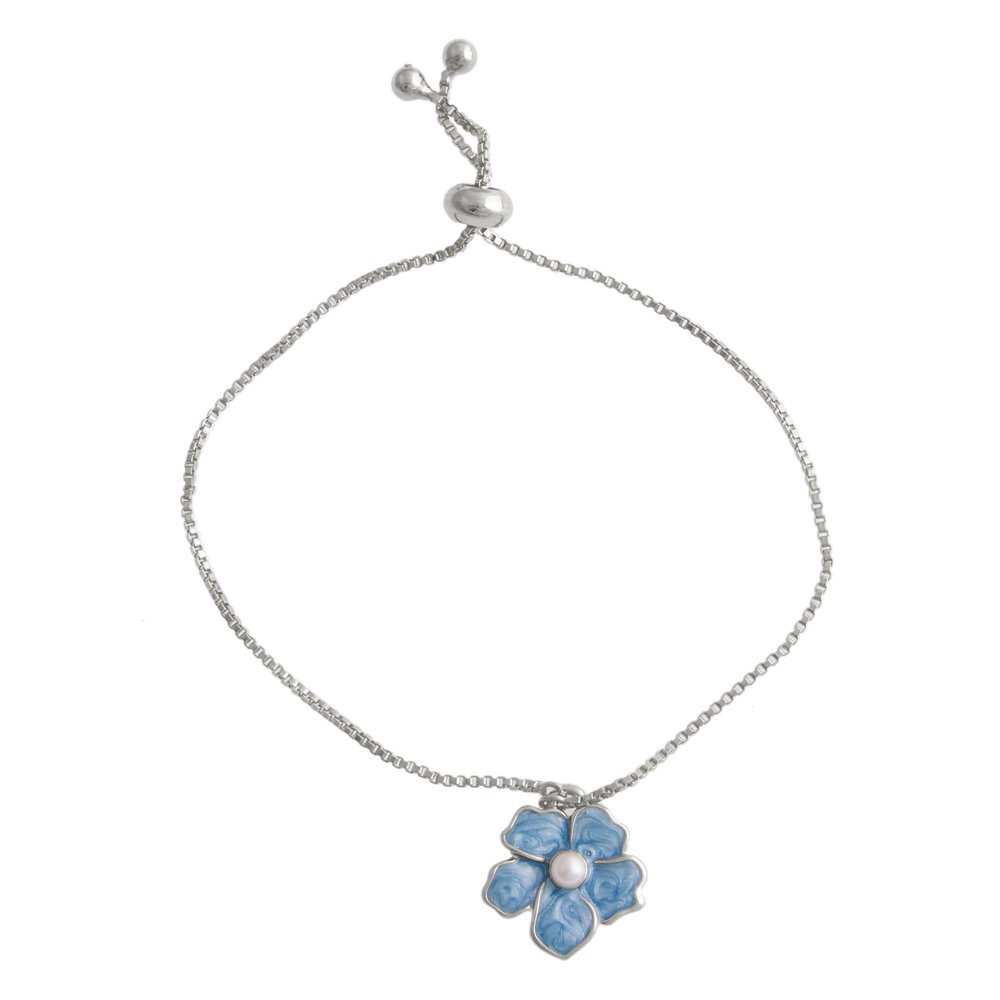 SENFAI Blue Myosotis Forget Me Not Flower Charm Wedding Gift Expandable 1 for All Wrist 3 Tone 9" (Rose Gold)