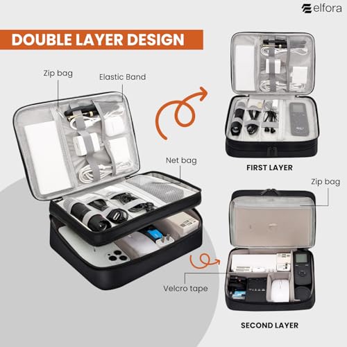 Image of Elfora Nylon Double Layer Electronic Cable Organizer Bag | Portable Travel Charger Case with Mesh Pockets & Zip Closure | Pouch for Power Bank, HDD, Tablet, Cords, Adapters & Daily Accessories (Black)
