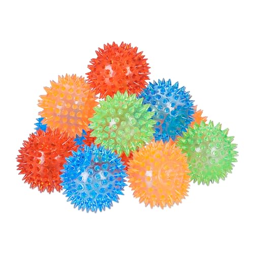 Relaxdays LED Igelball, 12er Set, blinkende Leuchtbälle in 4 Farben, mit Noppen, LED Flummis für Kinder, Ø 6,5 cm, bunt
