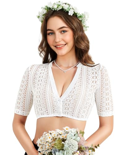 DIRNDLSTERN Dirndlbluse Damen Spitze Weiß - Trachtenbluse Halbarm Bluse mit V-Ausschnitt für Oktoberfest 34