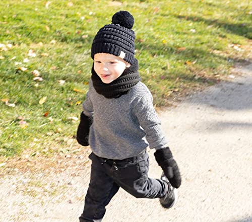 Image of Funky Junque Kids Matching Neck Warmer Scarf Soft Fuzzy Cuff Gloves Mittens Ribbed Knit Pom Pom Beanie Bundle Boy Girl