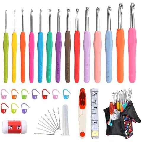 YOJOB 14 Sizes Crochet Hooks Set, 2.25mm - 10mm, Ergonomic Crochet Hook Set for Arthritis and Beginners, with Crochet Case and Accessories Cover