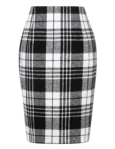 Plaid Pencil Skirts for Women Fall Winter High Waisted Bodycon Midi Wool Knee Length Skirt with Slit(Black, XL)