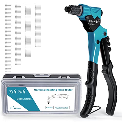 Xth-Nth Rivet Gun with 200Pcs Rivets, Manual Rivet Gun Kit with 4 Tool-Free Interchangeable Rivet Heads, BMC Case, Heavy Duty Single Hand Riveter for Plastic, Metal, Leather
