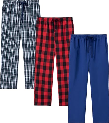 Image of JupiterSecret Mens Pajama Pants Set Cotton Lightweight Plaid Sleep & Lounge 3-Pack PJ Bottoms with Pockets and Button Fly