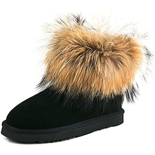 AUSLAND Genuine Suede Waterproof Boots for Women Furry Fur Winter Ankle Short Boots Warm Fluffy Snow Boot 99251