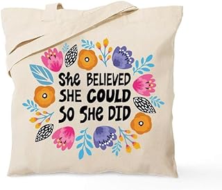شنطة يد كبيرة توت قطنية للنساء، مقاس 40 × 40 سم، اوف وايت مع سحاب ذهبي، طباعة على جانب واحد، تصميم تحفيزي، بعبارة She believed she could، هدية لها، نحن نطبع هديتك