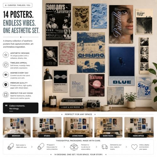 Image of 14 Piece Blue Aesthetic Poster Set | 300 GSM Multi-Sized Wall Posters with Adhesive Tape | Movie, Music & Vintage Art Prints for Bedroom, Room Decor, Home Decor, Living Room & Wall Art