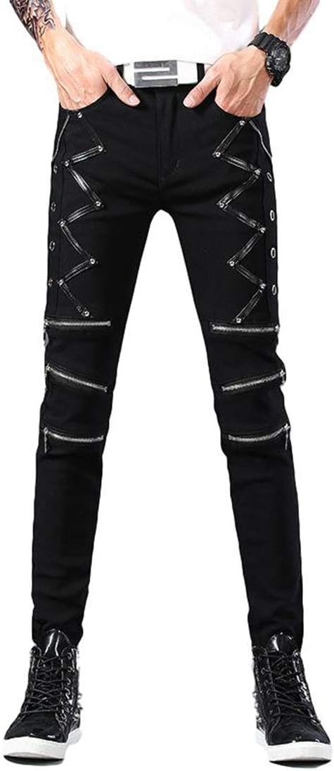 Idopy Men`s Punk Gothic Night Club Party Buckles Motorcycle Pants Biker Jeans