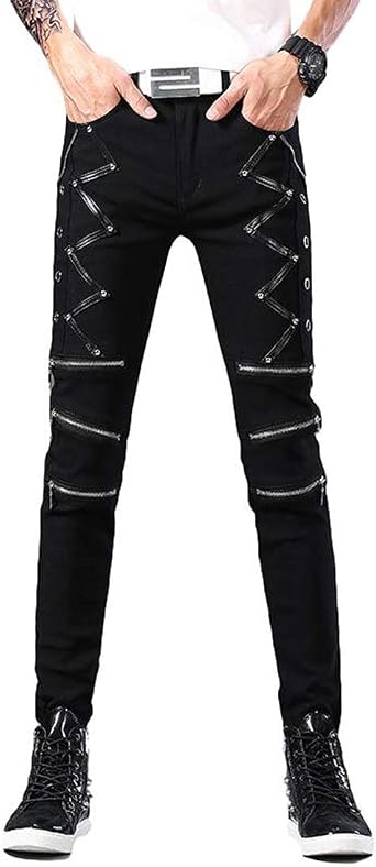 Idopy Men`s Punk Gothic Night Club Party Buckles Motorcycle Pants Biker Jeans