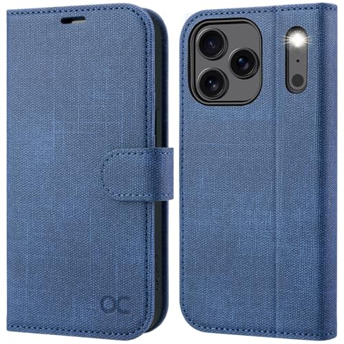 Housse iPhone 17 Pro en cuir bleu denim idéale pour voyager léger avec vos cartes de crédit