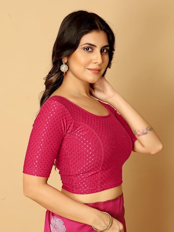 Women Readymade Saree Blouse with Short Sleeves, Stretchable Ethnic Blouse for Daily & Festive Comfortable Fit - Image 3