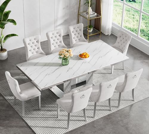 Image of 9-Piece Extendable Dining Table Set for 8, Modern 63 inch-94 inch White Marble Expandable Kitchen Table Set with 8 Velvet Chairs, Large Extendable Dining Room Tables with Mirrored U-Shape Base