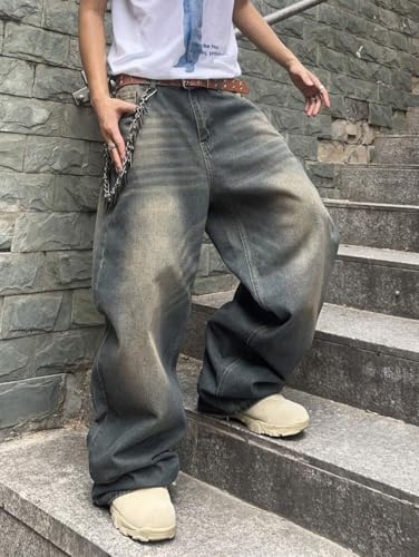 Image of HUNGSON Mens Baggy Jeans for Men Women Y2k Skater Vintage Plain Pants Casual Wide Leg Jeans Loose Fit Denim Jeans