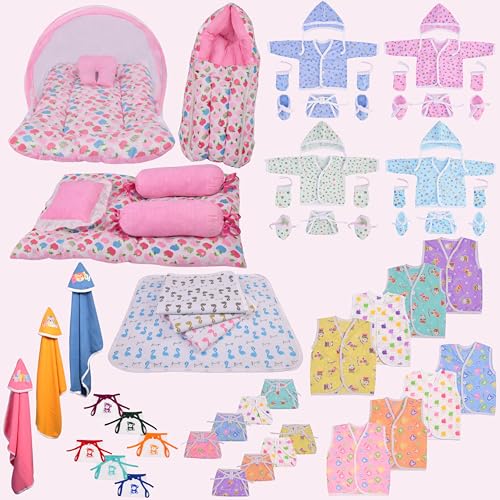 Image of Toddylon New Born Baby Essentials Kit 56 Combo Set (0-6 Months) | Newborn Baby Hospital Bag Kit | Infant Combo Set for New Born | Newborns Baby Dress & Clothing Set | Infants Essentials Kit (Pink)