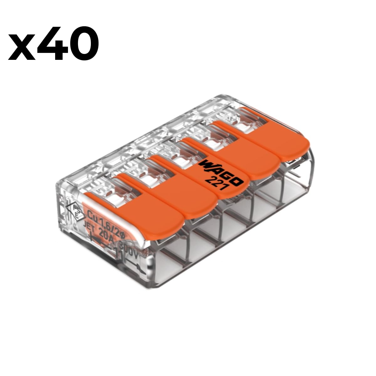 Wago, bloque de terminales de palanca serie 221, caja de 40 piezas, 5 entradas, compatible con cables rígidos, semirrígidos y flexibles de 0,14 – 4 mm², tensión 450 V | Conectores de palanca para cables rígidos y flexibles de 0,14 a 4 mm², capacidad de 32