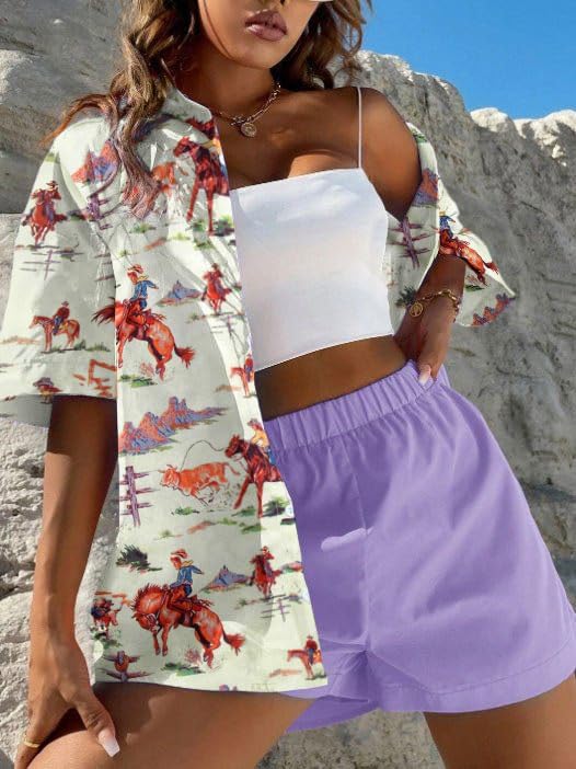 QLIPIN Western Button Up Shirts Women: Retro Cowgirl Shirt Rodeo Tops Hawaiian Summer Vacation Short Sleeve Top Blouses - Image 4