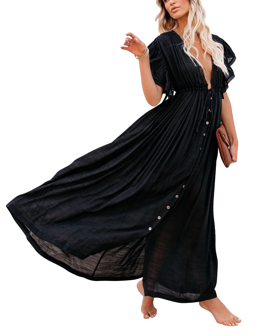 HUXRAKV Casual Vestido de Playa Largo Mujeres con Cuello en V Boho Camisolas Pareos con Bolsillos Maxi Vestido de Verano