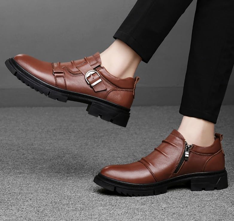 Men's Classic Brogue Oxfords Shoes Mens Round Toe Non Slip Leather Dress Shoes Fashion Breathable Slip-On Tuxedo Shoes(Brown,6.5)3