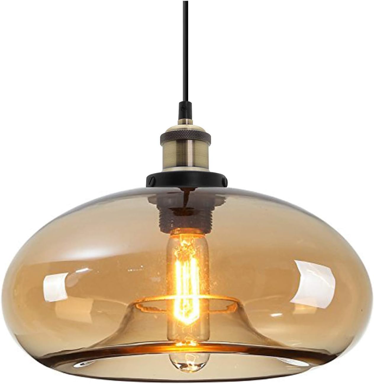 Lampada a Sospensione in Vetro Ambra 28 cm Stile Industriale Vintage Regolabile per Cucina Camera da Letto Sala da Pranzo Compatibile con Lampadina E27 (Ambra)