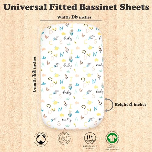 Image of 2-Pack Organic Fitted Bassinet Sheets, Compatible with Halo, Snoo, Graco, Dream On Me, Delta, and Other Standard Size Bassinets - Fits Oval, Hourglass, & Rectangle Shapes (Size 32 x 16 x 4 Inches)