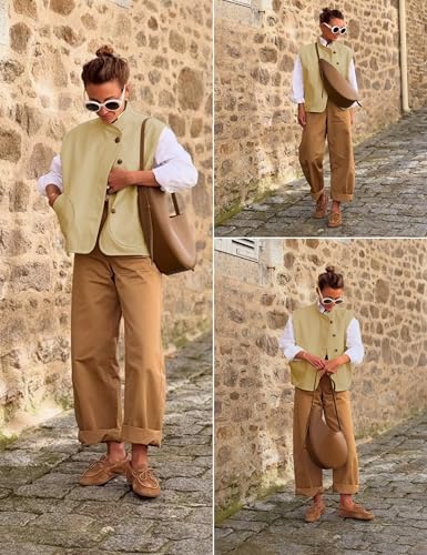 Watashi Women Vest Casual Button Up Stand Collar Lightweight Cargo Waistcoat Sleeveless Blazer Jacket Fall Cardigan Tops4