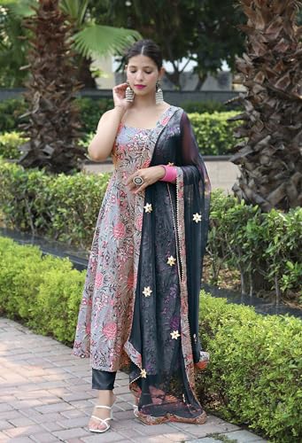 Image of GoSriKi Women's Cotton Blend Anarkali Printed Kurta with Pant & Dupatta