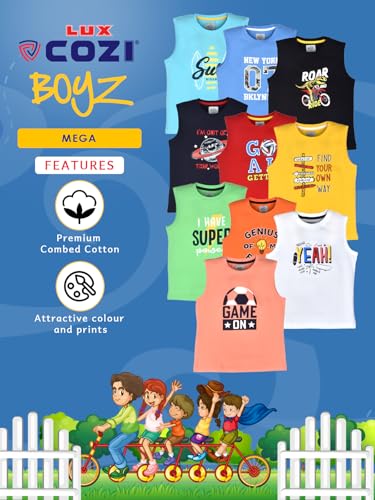 Image of Lux Cozi Printed Round Neck Sleeveless Cotton T-Shirt for Boys | Prints May Vary |