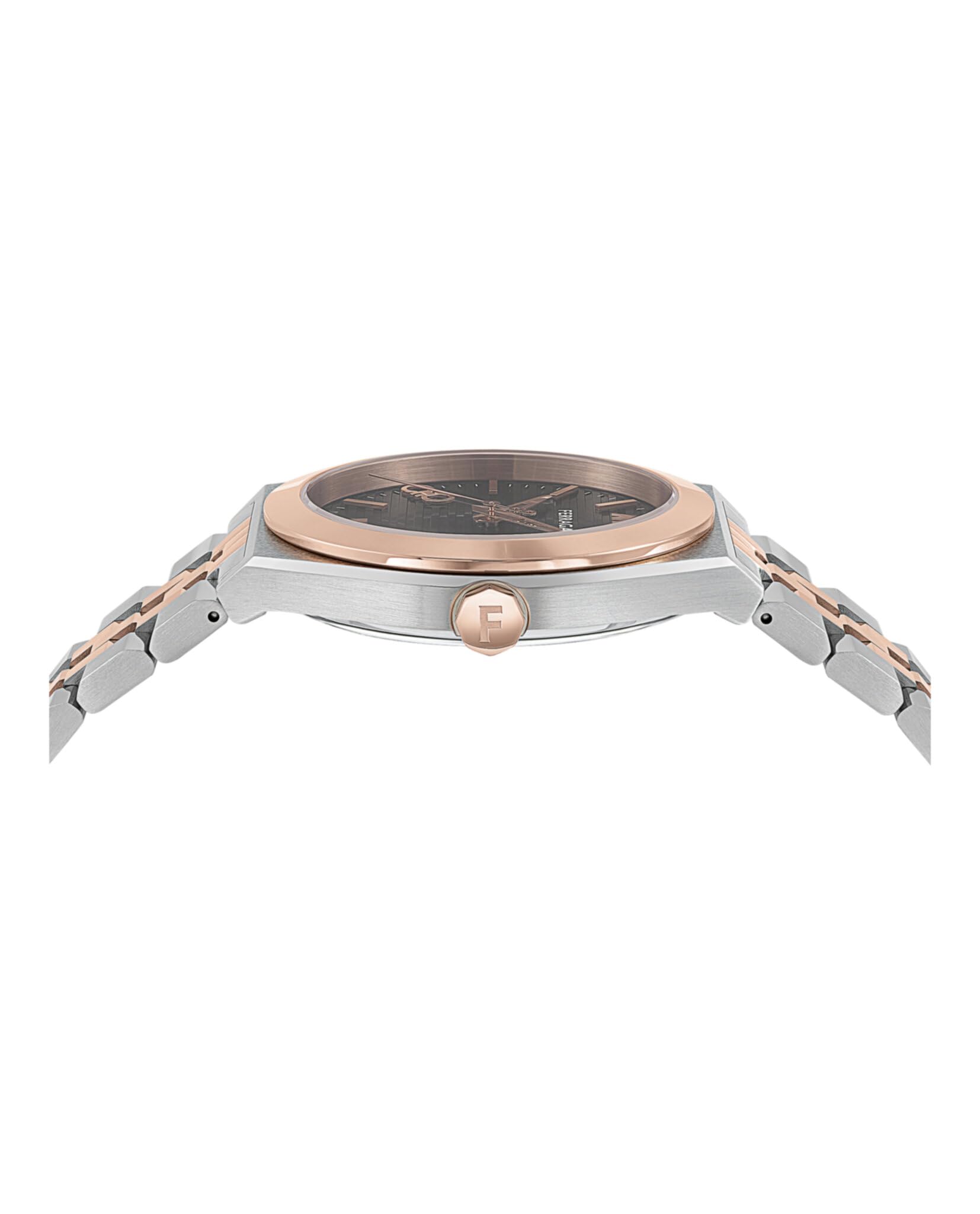 Ferragamo Vega Orologio da donna di lusso con cinturino in acciaio inossidabile bicolore e quadrante guilloche marrone