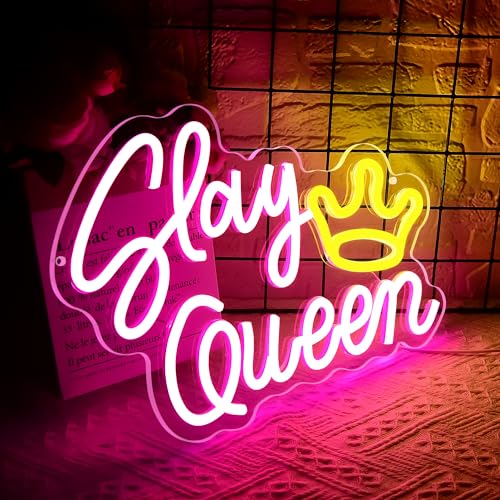 Image of Slay Queen Neon Sign for Wall Decor Slay Queen LED Light for She Shed | Dimmable led light, empowering wall decor, bedroom vanity, gift for women, confidence decor, size 13.8*9.5 in