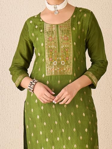 Image of INDO ERA Women's Straight Silk Blend Ethnic Motifs Printed Kurta & Pant With Dupatta Set (IESTR10385)