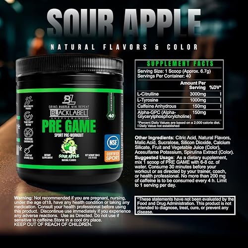 Image of Blacklabel Supplements PRE-Game Pre Workout Powder, Sour Apple (40 Servings) - NSF Certified for Sport - Customizable 150mg Caffeine for Energy and Focus - Low-Stimulant Pre Workout for Men and Women