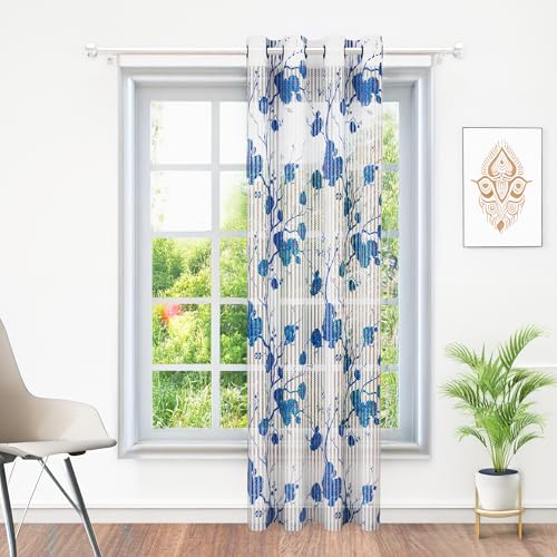 Image of Curtains 7 feet Long Set of 10 | Blue & White Transparent Sheer Curtain | Room Decoration Items for Bedroom | 215 x 118 cm | Floral Design Door Curtain | | Perfect for Home Decor