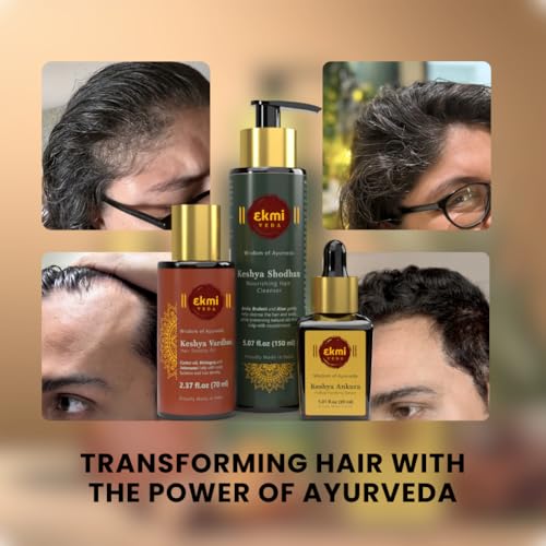 Image of Ekmiveda Hair Growth Set with Ayurvedic herbs- Amla, Bhringraj, Castor Oil, Rosemary for hair growth. Sulfate free hair thickening products for women, men. 3 pcs - Oil, Shampoo & Serum, 8.45 fl oz