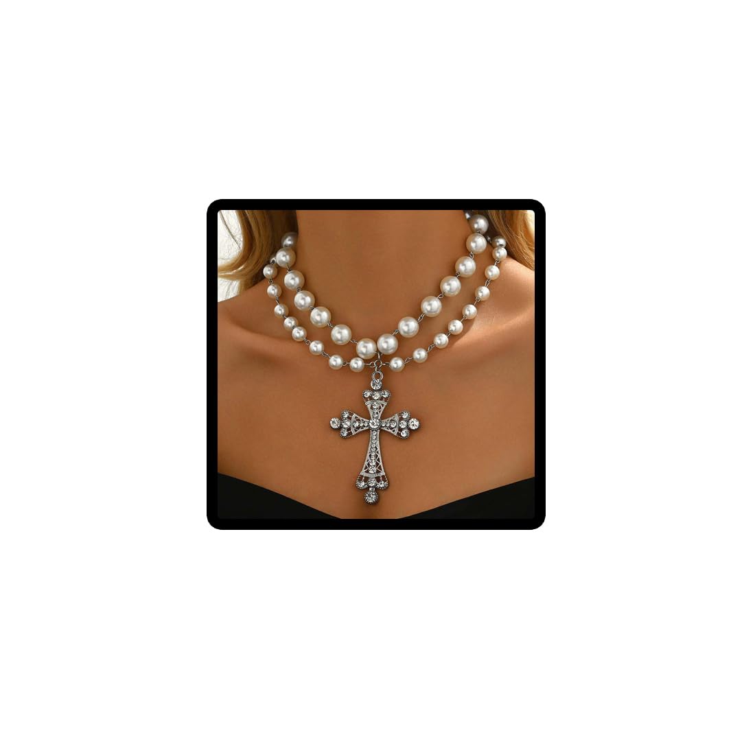 Double Layer Cross Pendant Necklace Collar Necklaces Pearl Choker Necklace Chain for Women