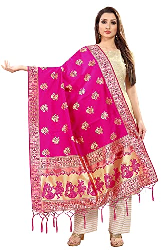 ROYAL TRENDZ Women's Dholki Kataan Silk Blend Zari Work Banarasi Dupatta(Pink)