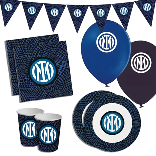 Lage Set Decorazioni Kit per Festa di Compleanno Inter Calcio addobbi da tavola per 8 Persone (8 Piatti - 8 Bicchieri - 20 tovaglioli - 12 Palloncini - 1 Set da 12 bandierine)