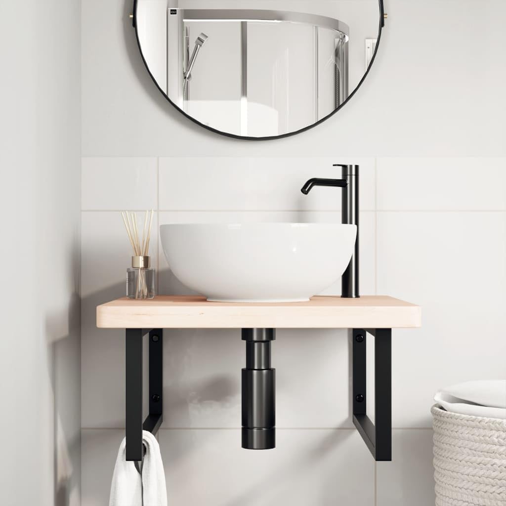Piano lavabo in legno di rovere massiccio con supporto in acciaio, 60 x 60 x 4 cm, rettangolare, portata fino a 100 kg, salvaspazio per bagno, mensola e mensola per lavabo e mobili da bagno
