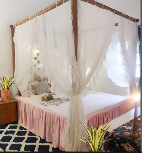 NYSARG Snow White Poster Bed Curtains with Side Ruffle or Frills, Semi Transparent,7 FEET, 2 tie Curtains-image-42