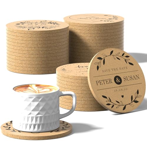 Shueewago Lot de 30 à 100 sous-verres en liège personnalisés pour boissons, ronds de 10,2 cm, cadeaux de mariage pour invités, dessous de verre...