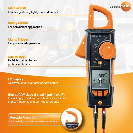 Image of testo 770-3 Clamp Meter Set - Clamp Multimeter for Electrical Testing - HVAC Multimeter TRMS Measurement - Measures AC /DC Voltage up to 1000 V - with Retractable Pincer Arm and Bluetooth