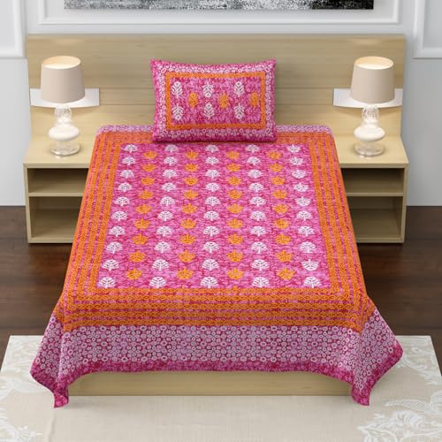 Image of RajasthaniKart Pure 100% Cotton Single Bed Sheet with 1 Pillow Cover (Bedsheet for Single Bed Cotton, Pink Small Booty)