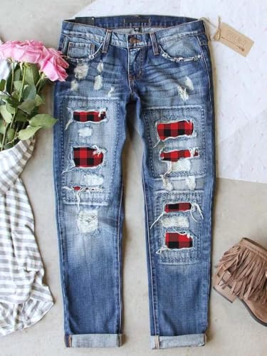 Ripped Boyfriend Jeans for Women Distressed Skinny Denim with Holes Plaid Patchwork Design Stretch Comfort Pants2