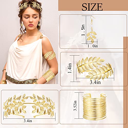 Fansilver Greek Goddess Costume Accessories for Women Gold Headpiece Upper Arm Cuff Bracelet Dangle Earring Goddess Gold Jewelry Set for Bridal Wedding Toga Party2