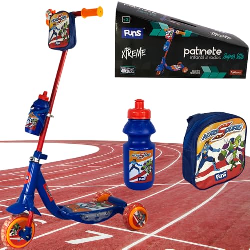 Patinete Infantil 3 Rodas com Garrafinha e Bolsa, Azul e Laranja, Kit Completo, até 40kg.