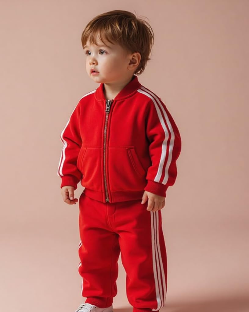 Kwikk Traders Baby Boy's Sweatsuit Casual 2 Piece Outfits Color Block Round Neck and Jogger Pants Set Casual Tracksuit Long Sleeve Sweatsuit +Pants Outfit Set (Red, 1-2 Year) 1