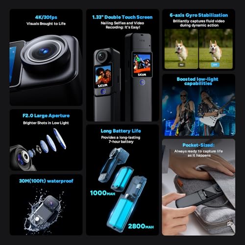 Image of SJCAM C300,4K Travel Pocket Camera with 7hour Long Recording,Wearable Body Cam,6-Axis Gyro Stabilizer POV Cam for Daily Vlogs,Dual Touch Screen,30M Waterproof,User-Friendly for Beginners