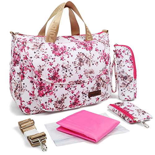 Baby Wickeltasche Tote Bag Schultertasche Handtasche für Mutter  inkl. wasserdichter Wickeltasche mit Wickelunterlage (pinke blume)