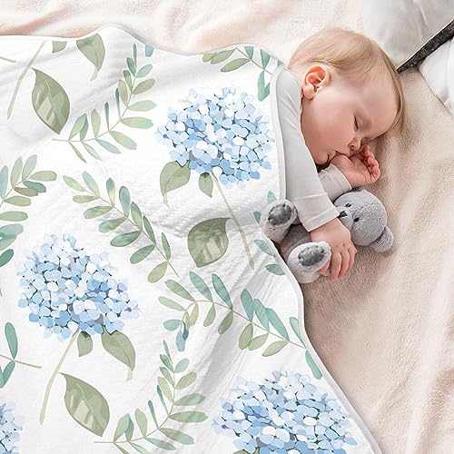 Image of Swaddle Blanket for Blue Floral Hydrangeas with Leaves Baby Receiving Blanket Muslin Baby Swaddles Soft Cotton Breathable Nursery Blankets for Unisex Boys and Girls 30x40 Inch
